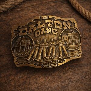 Vintage Brass Belt Buckle – Dalton Gang Coffeyville Raid – First Edition